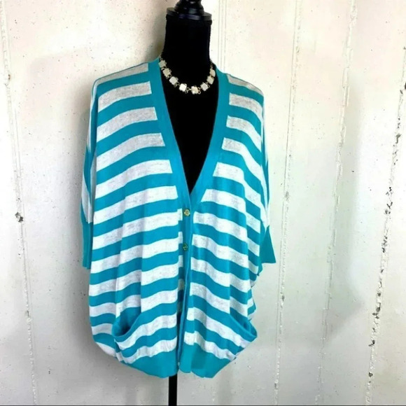 Michael Michael Kors S‎ oversized teal/white color block stripe dolman cardigan - Picture 2 of 8